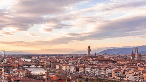 Panoramic view of the historic center of Florence during sunset. Tuscany, Italy © Artem