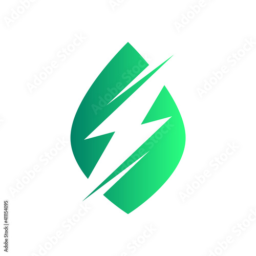 Green energy logo. Lightning bolt in a leaf. Sustainable energy symbol. Eco power concept. Thunder leaf sign. Environmental friendly electric energy. Renewable resources. Vector illustration, clip art