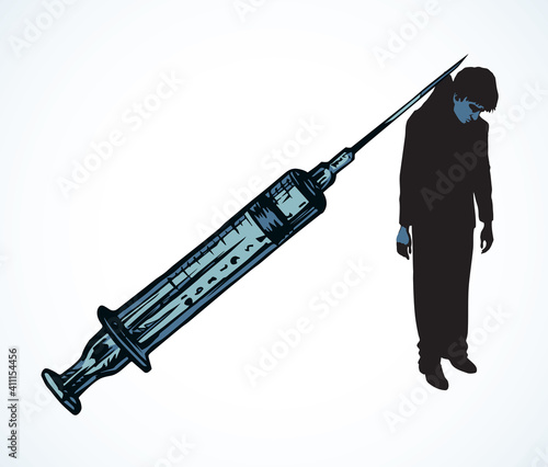 Vector poster against drug abuse: a man caught in a syringe needle