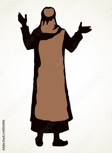 Arab with his hands up, stands with his back. Vector drawing