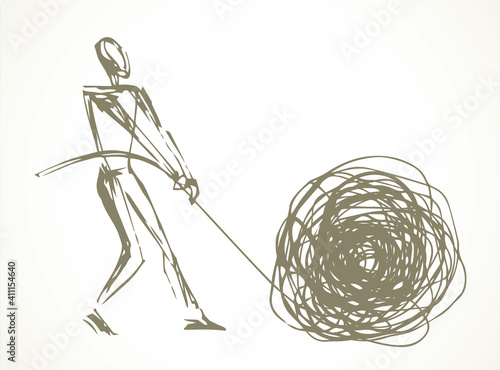 Man unravels the tangle. Vector drawing