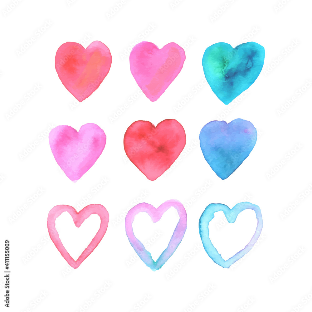 Hand Drawn Multicolor Hearts With Watercolor, Love, Valentine's.