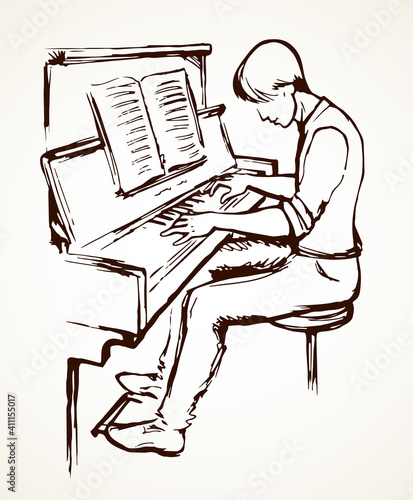 A young guy plays the piano. Vector drawing