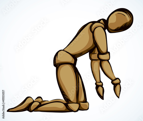 The puppet is kneeling. Vector drawing