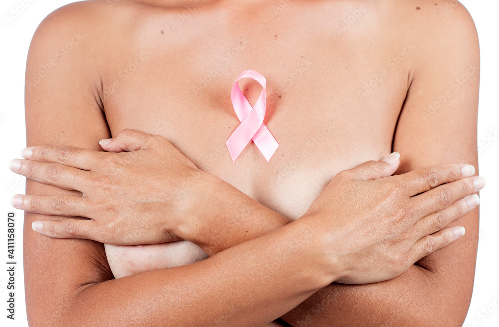 Fototapeta premium woman with pink breast cancer ribbon