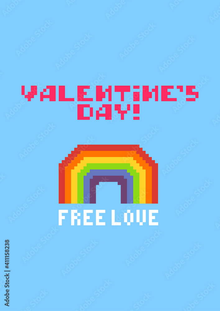 Valentines day greeting card with pixel rainbow.