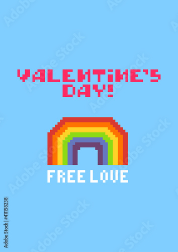 Valentines day greeting card with pixel rainbow.