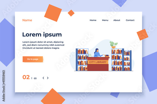 Female smiling librarian standing at counter. Book, shelf, paper flat vector illustration. City library and knowledge concept for banner, website design or landing web page