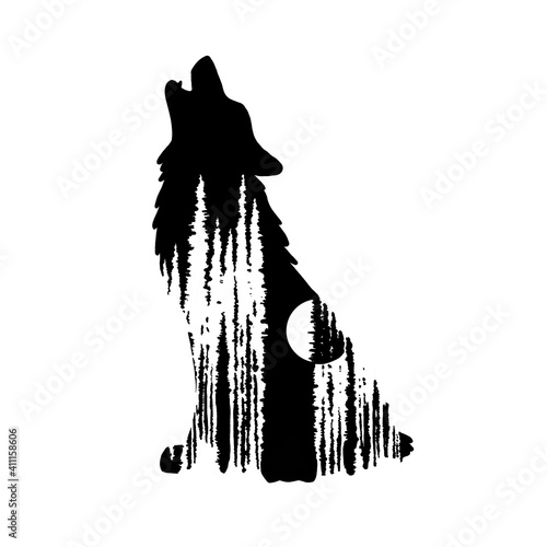 Wolf  Silhouette with Cut Out Trees and Moon