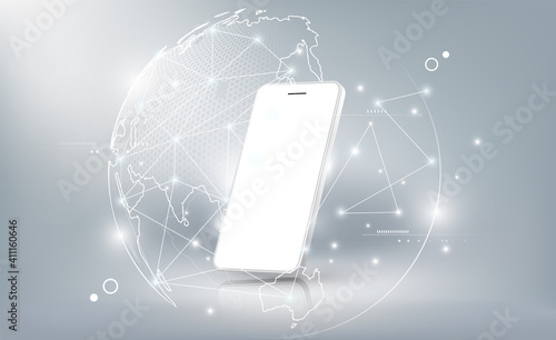 Realistic white smartphone mockup with futuristic technology hologram earth and global network or communication world concept, mobile phone abstract background, vector illustration