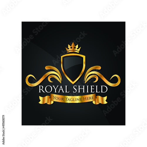 Black and gold shield and ribbon 