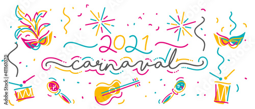 Carnival 2021 Portuguese language handwritten typography colorful line design carnival and music elements isolated white background