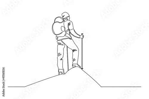 Continuous one line drawing of traveling people with backpack. Single one line art of man hiking on top of mountain. Vector illustration.