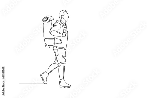 Continuous one line drawing of traveling people with backpack. Single one line art of man hiking on top of mountain. Vector illustration.