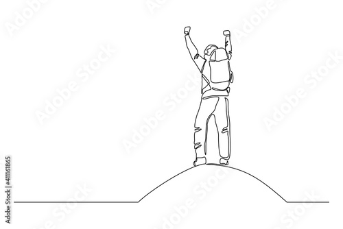 Continuous one line drawing of traveling people with backpack. Single one line art of man success to hiking on top of mountain. Vector illustration.