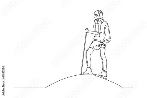 Continuous one line drawing of traveling people with backpack. Single one line art of woman success to hiking on top of mountain. Vector illustration