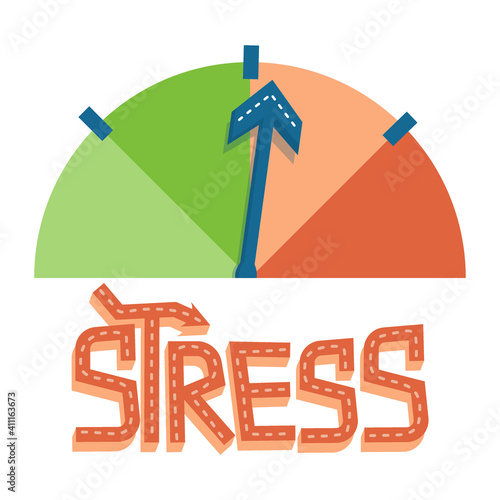 Lettering. A cartoon style stress scale an arrow, isolated on a white background. Vector illustration showing an increase in anger and the level of stress and frustration. Problems at work, burnout