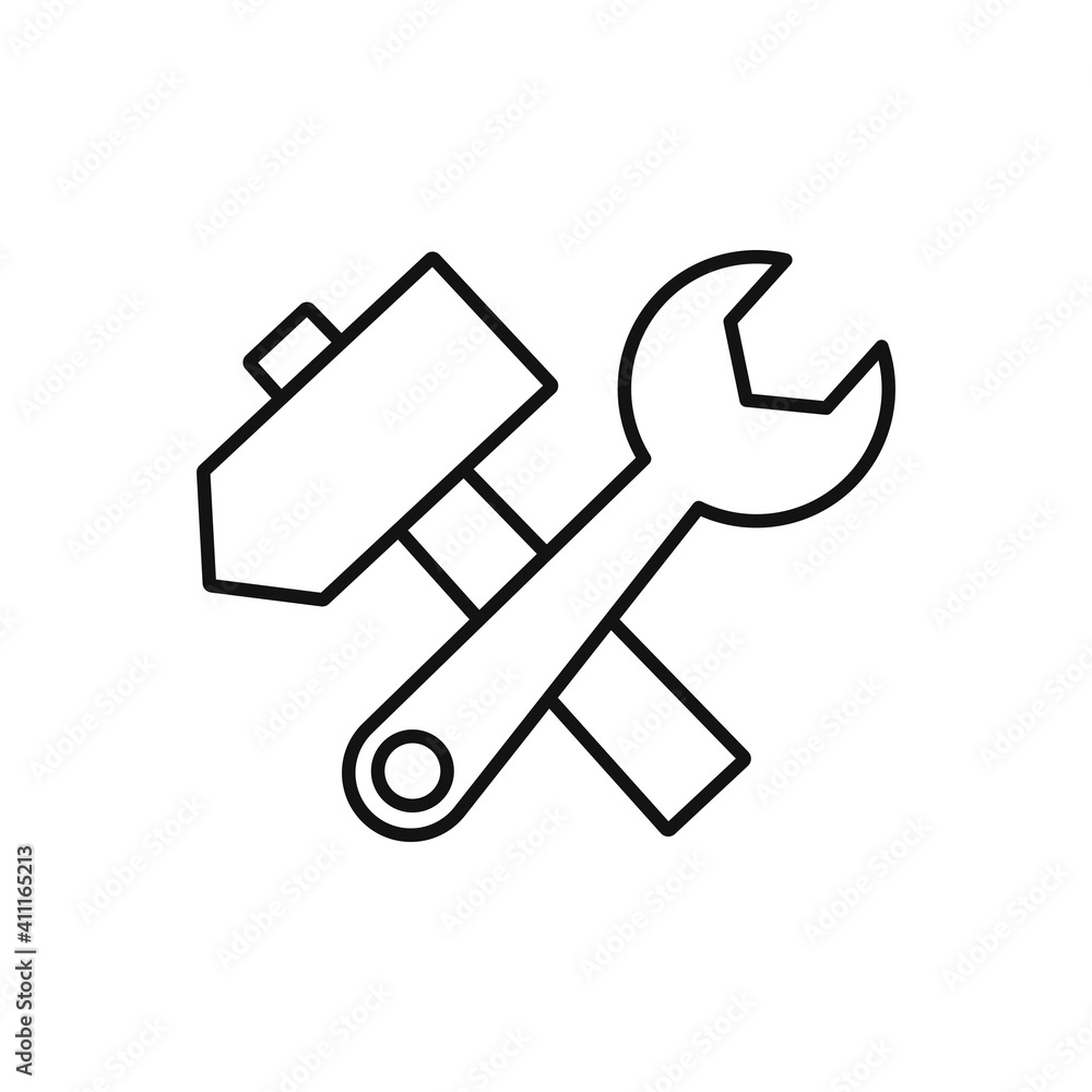 Black line Crossed hammer and wrench spanner icon isolated on white background. Hardware tools. Black line Crossed hammer and wrench spanner icon isolated on white background. Hardware tools.