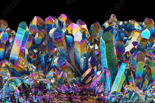 Amazing rare Quartz Rainbow Flame Titanium aura crystal cluster on black background