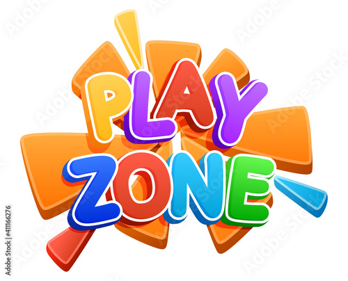 Play zone sign. Color inscription logo, game area, bubble rainbow letters. Bright, vector inscription on a white background