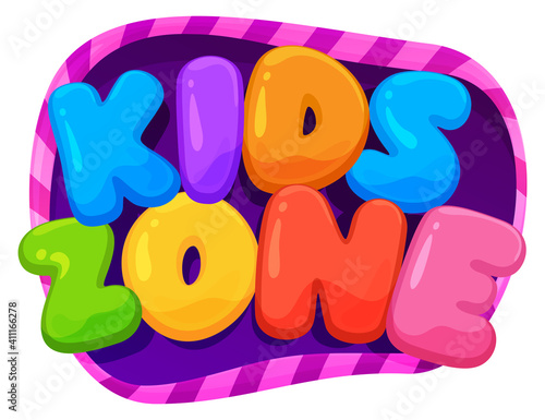 Kids zone sign. Color inscription logo, game area, bubble rainbow letters. Bright, vector inscription on a white background