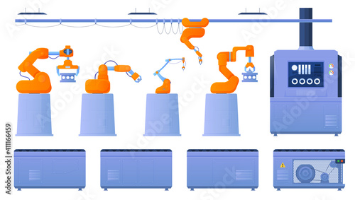 Conveyor system of individual parts. Robo hands. Automatic production. Mechanical assembly line