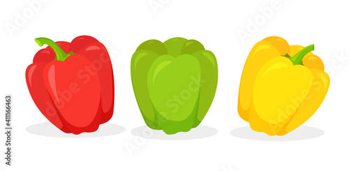 Set of fresh red, green and yellow bell pepper isolated on white background. Vegan food vector vegetable icons in a trendy cartoon style. Healthy food concept.