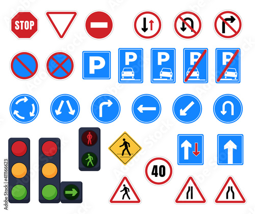 Road Signs. Stop, parking, direction of traffic, pedestrian crossing, signposts and prohibition signs. Traffic light