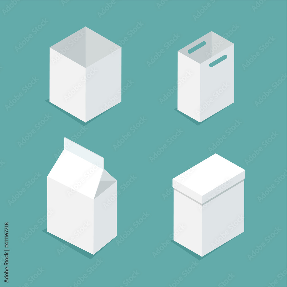 Vector set of white packages and boxes in isometric style. Paper packaging mockup for advertising isolated on blue background. Vector set of white packages and boxes in isometric style. Paper packaging mockup for advertising isolated on blue background.