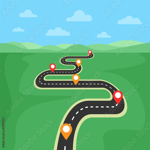 Curved road in countryside with color markings . Road way location template. Highway in aerial perspective. Vector illustration.