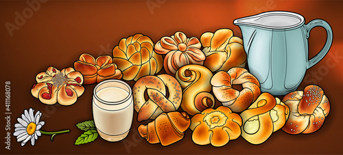 Buns and milk hand drawn vector doodle illustration.