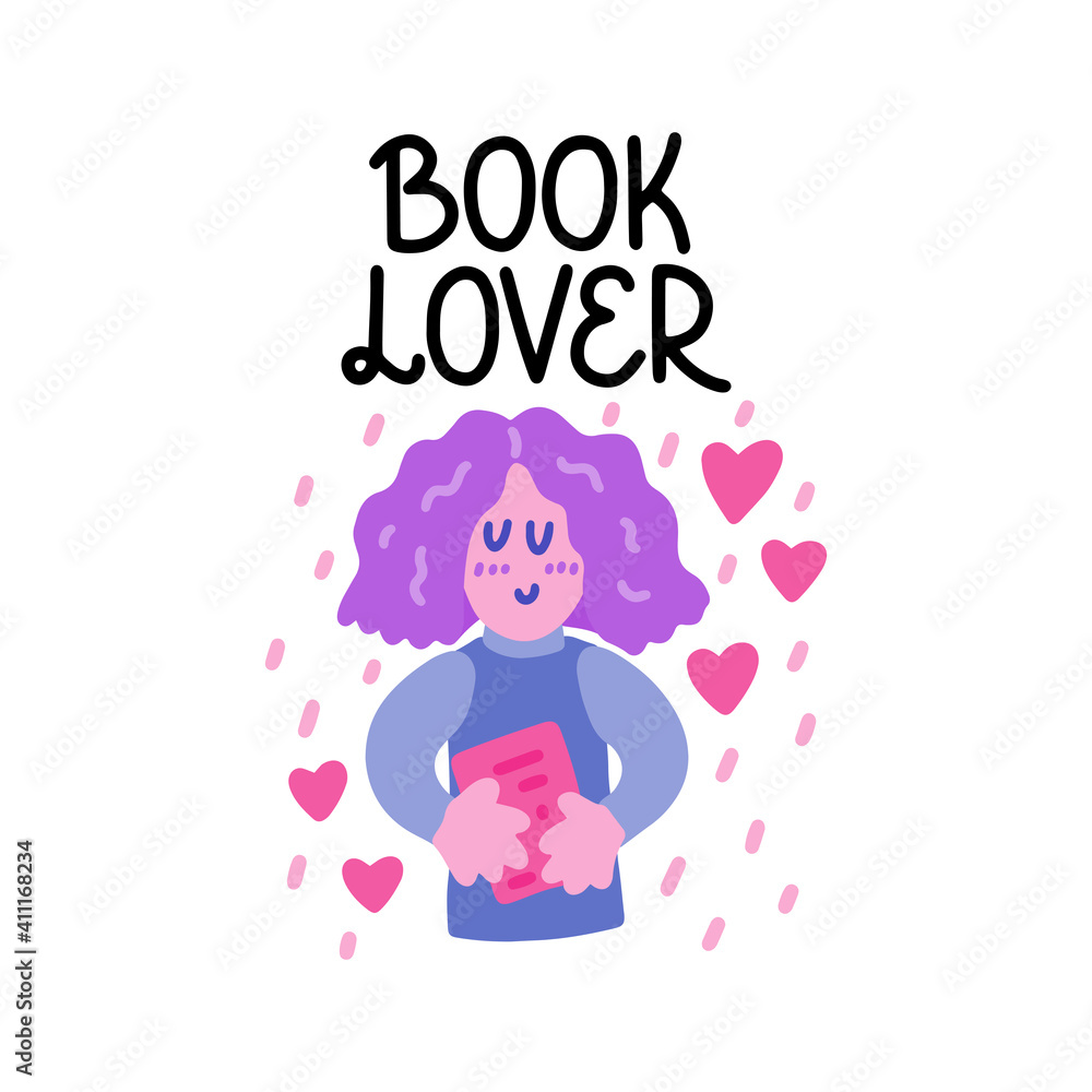Book lover - vector doodle with woman and hand lettering for book lovers and bookworms. Woman with books. Vector template for card, postcard, banner, poster, sticker and social media Book lover - vector doodle with woman and hand lettering for book lovers and bookworms. Woman with books. Vector template for card, postcard, banner, poster, sticker and social media