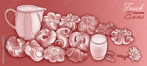 Buns and milk hand drawn vector doodle illustration.