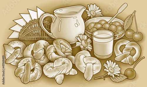 Buns, flowers, milk, napkins, berries hand drawn vector doodle illustration.