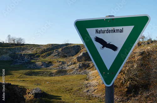 Schopfloch, Germany - November 07, 2020: View of a natural monument ( Unesco) for a species-rich fauna and flora. Sign in the fordergrund. photo