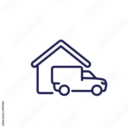 Home delivery line icon, van and house