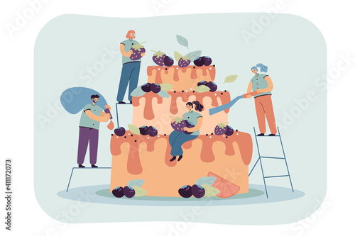 Cooking dessert job vector illustration. Tiny cooks decorating huge cakes with fruits, berries, cream for wedding party. For pastry, confectionery, bakery, teamwork, sweet meal, catering concept