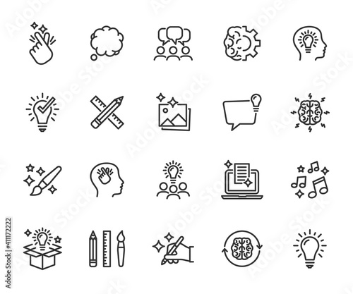 Vector set of creativity line icons. Contains icons idea, brainstorm, thought, quick tips, inspiration, teamwork and more. Pixel perfect.