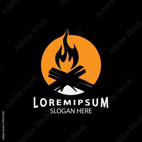vintage Hipster bonfire Campfire logo badge label vector illustration on black background. Crossed logs of wood and fire flame Classic badge