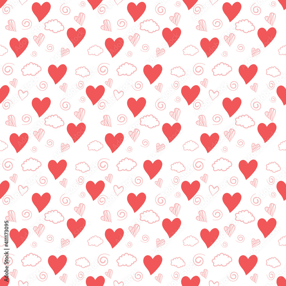 Red heart, white, cloud on a white background. Designed for use as patterns, fabrics, gifts, banner. Seamless pattern. Vector illustration.