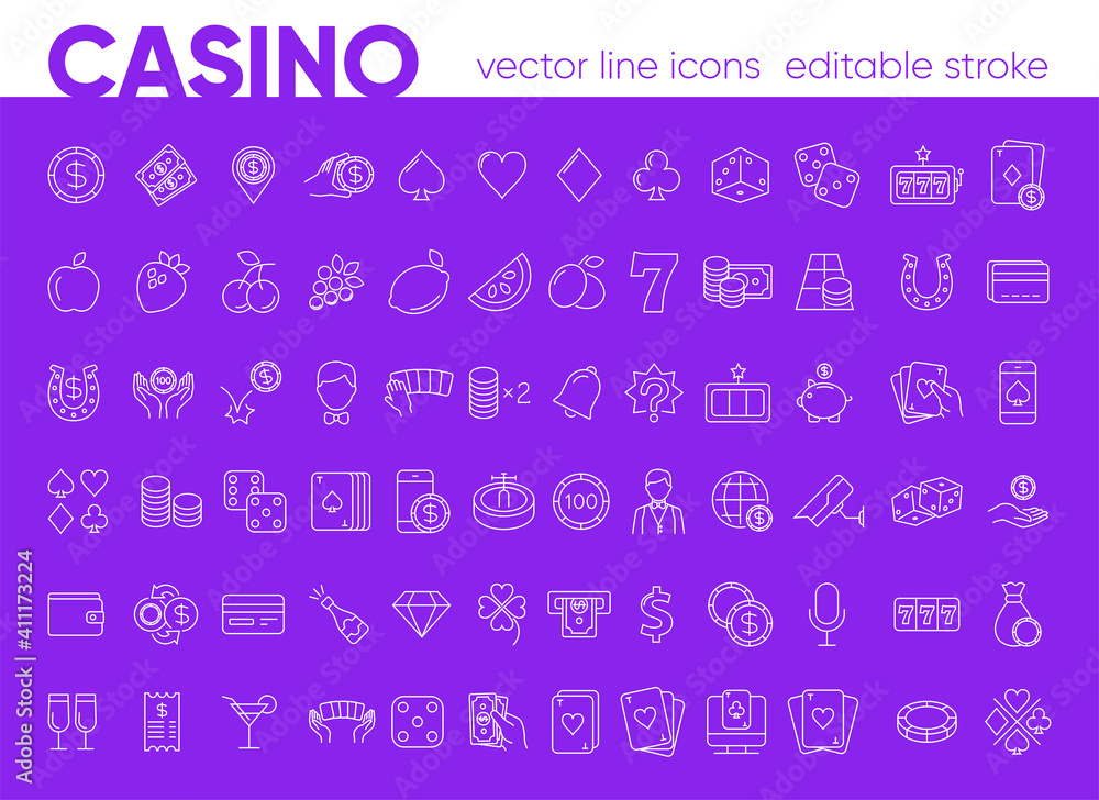 Casino and gamble set. Collection of vector line icons with elements for mobile concept and web app. Icons of slot machine, roulette, playing cards, dice, poker and more. Design with editable stroke. Casino and gamble set. Collection of vector line icons with elements for mobile concept and web app. Icons of slot machine, roulette, playing cards, dice, poker and more. Design with editable stroke.