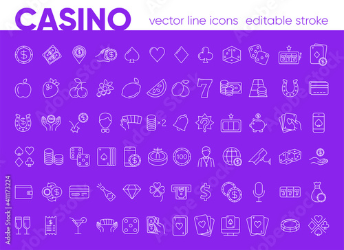 Casino and gamble set. Collection of vector line icons with elements for mobile concept and web app. Icons of slot machine, roulette, playing cards, dice, poker and more. Design with editable stroke.