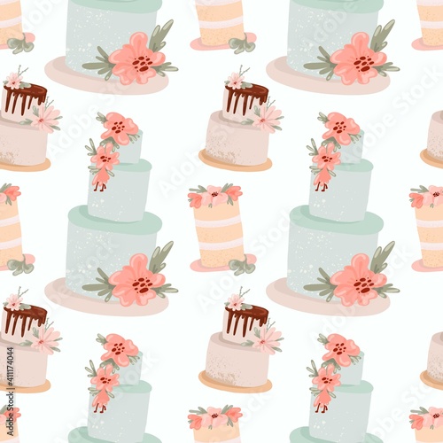 Wedding cake seamless pattern. Hand drawn festive cakes in pastel colors decorated with flowers, birthday confectionery, modern vector decor textile, wrapping paper, wallpaper. Texture print fabric
