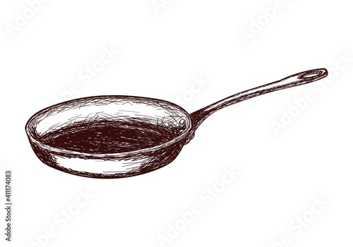 Sketch frying pan, contour drawing isolated on white background, stock vector illustration for design and decor, sticker, template