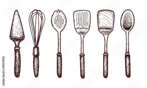 Kitchen tools sketch, spatula, large spoon, slotted spoon, whisk, contour drawing isolated on white background, stock vector illustration for design and decor, sticker, template