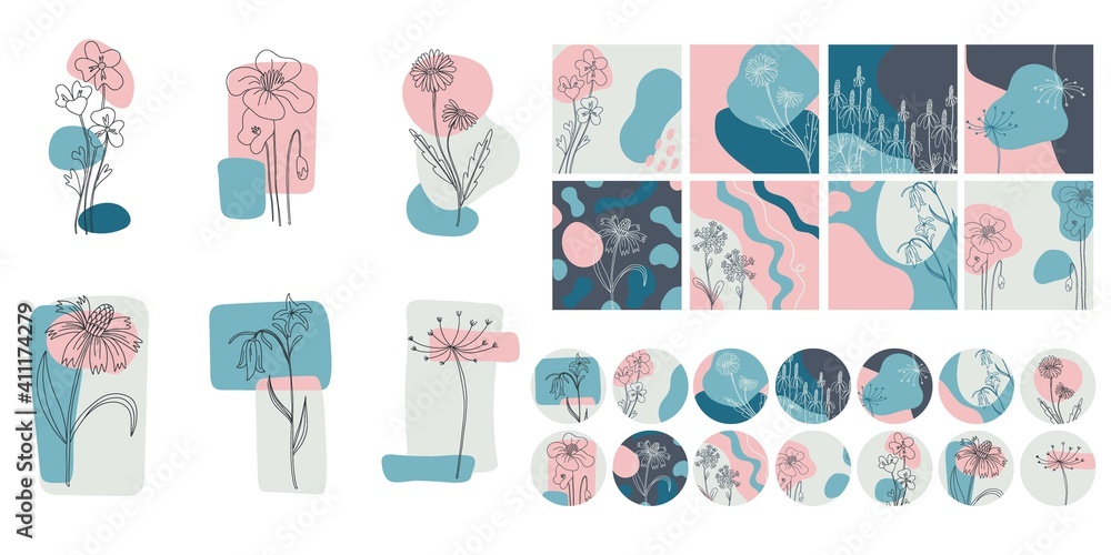Floral minimal social media set. Hand drawn line wild flower and abstract blob shapes, modern floral template for posts, highlights covers and stories. Vector botanical illustration pink blue colors Floral minimal social media set. Hand drawn line wild flower and abstract blob shapes, modern floral template for posts, highlights covers and stories. Vector botanical illustration pink blue colors