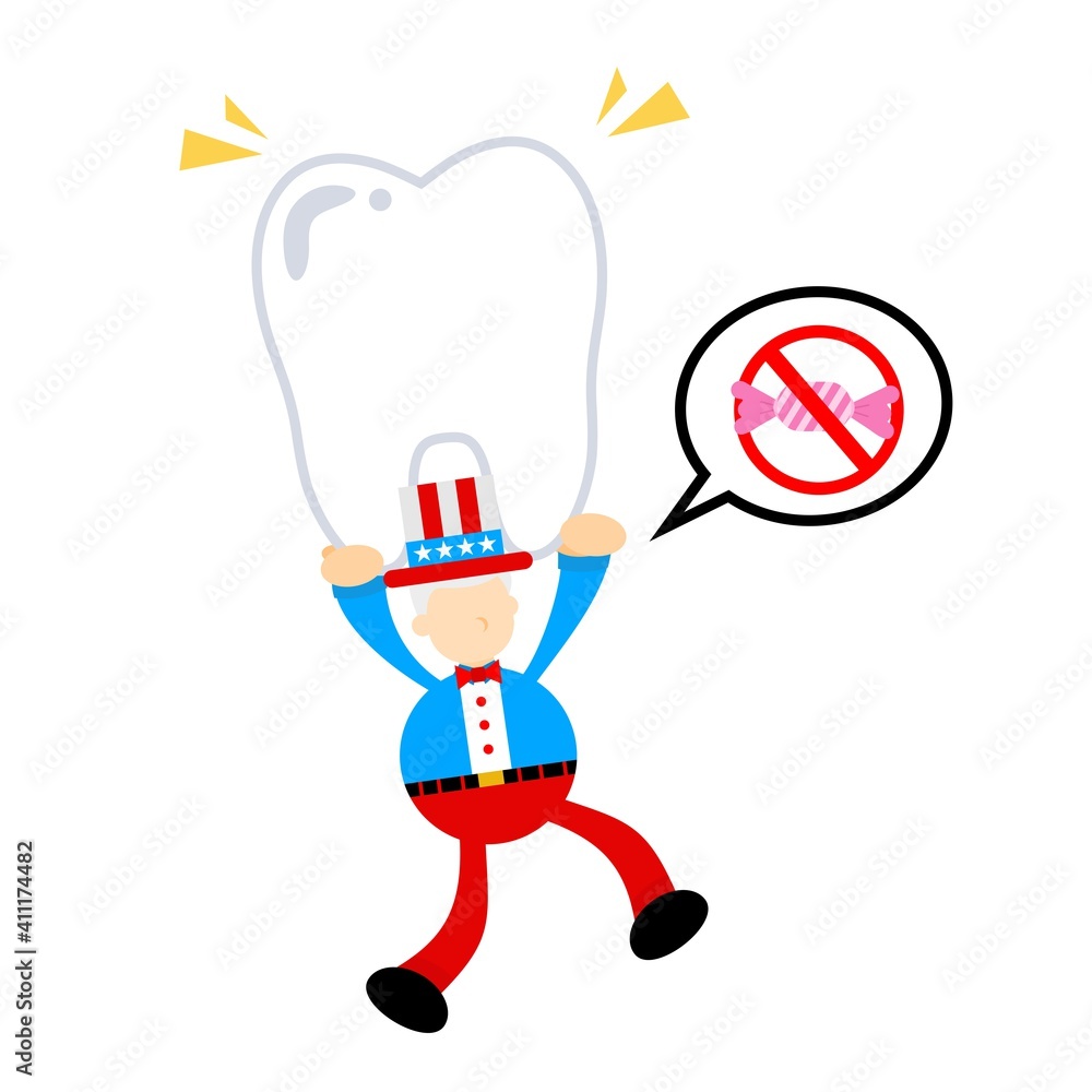 uncle sam america and dental care stop eat candy cartoon doodle flat design style vector illustration