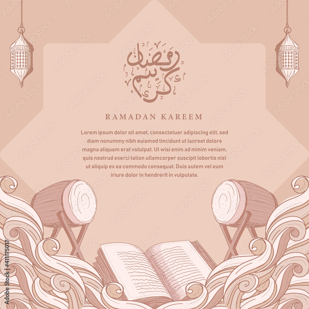 Ramadan kareem with hand drawn quran and islamic ornament illustration background
