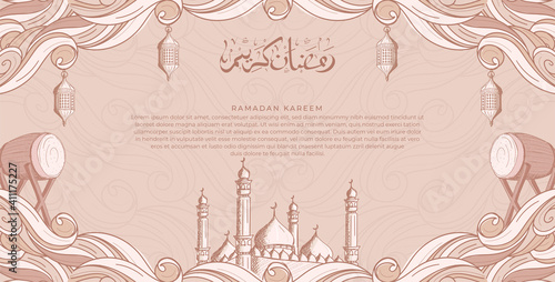 Ramadan kareem with hand drawn islamic mosque and lantern illustration background
