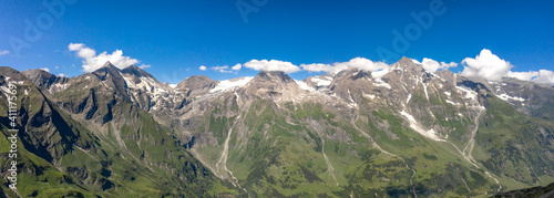 Panoramic aerial view of Grossglockner mountain along Taxenbacher Fusch high alpine road in Austria Tirol